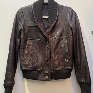 Bally Dark Brown Leather Bomber Jacket with Ribbed Shawl Collar